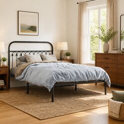 Elegant Black Metal Bed Frame with Headboard 107x203 cm