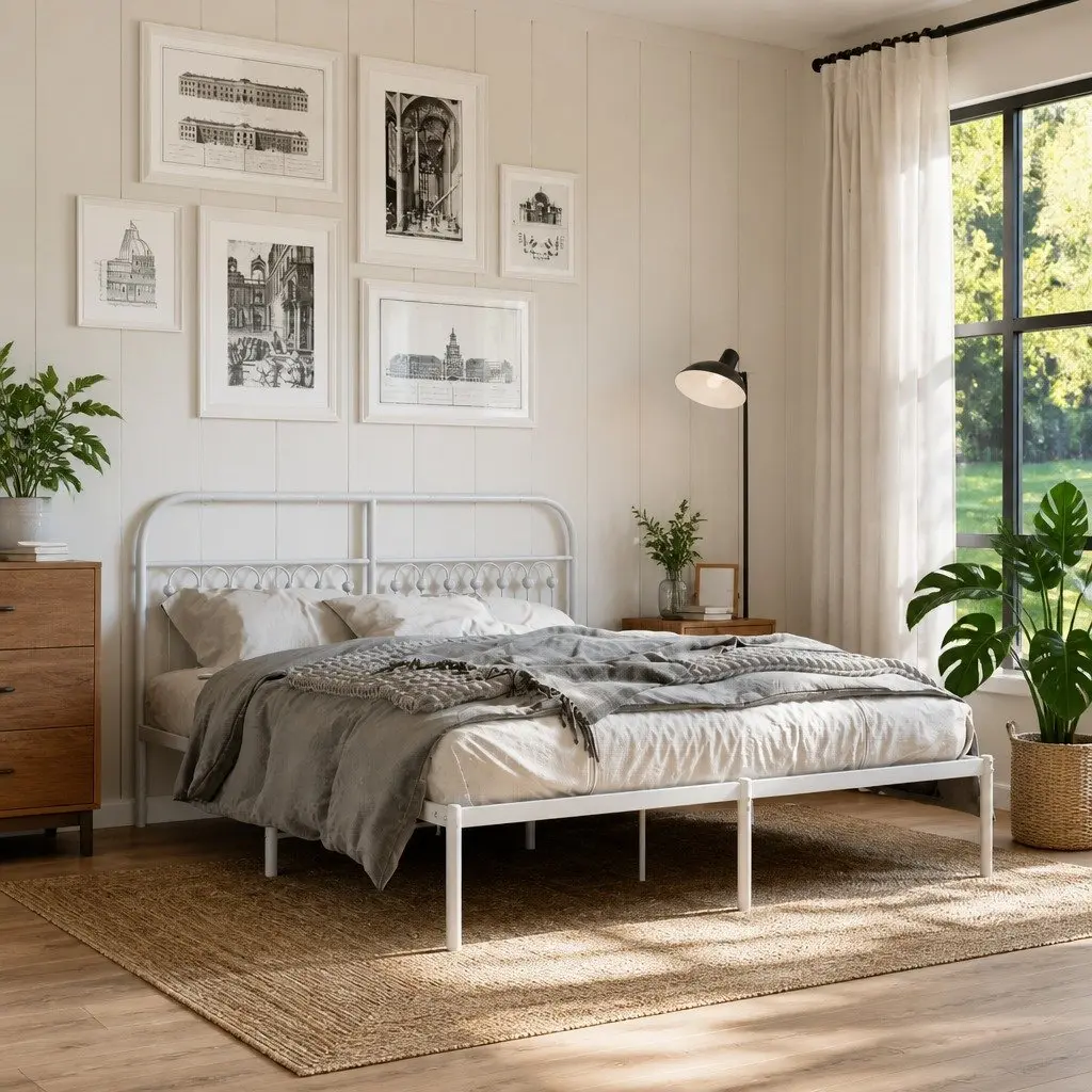 White Metal Bed Frame with Headboard 150x200 cm