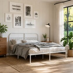 White Metal Bed Frame with Headboard 150x200 cm