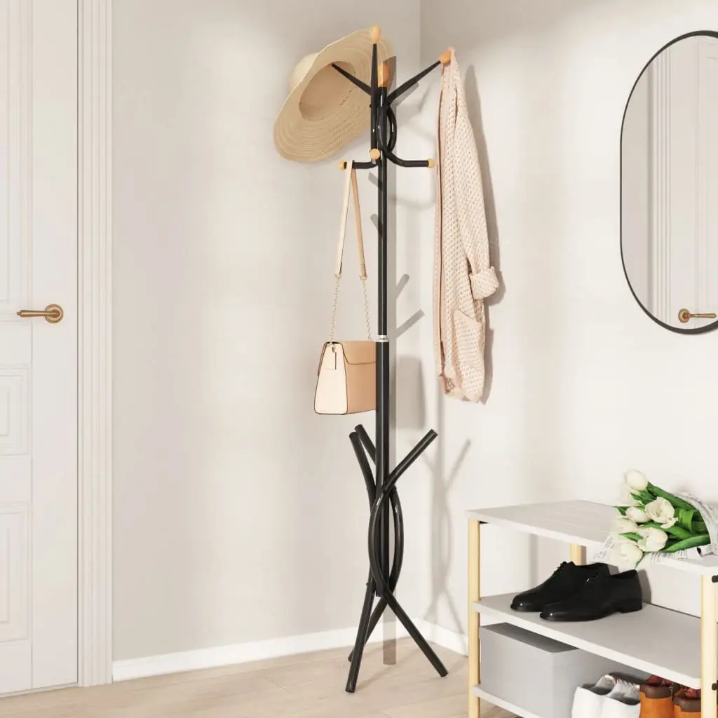 Coat Stand Black 176cm Iron Frame 9 Hooks Storage Rack