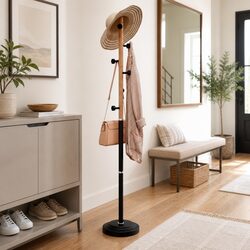 Black Coat Stand with 6 Hooks - 177cm Iron & Beech