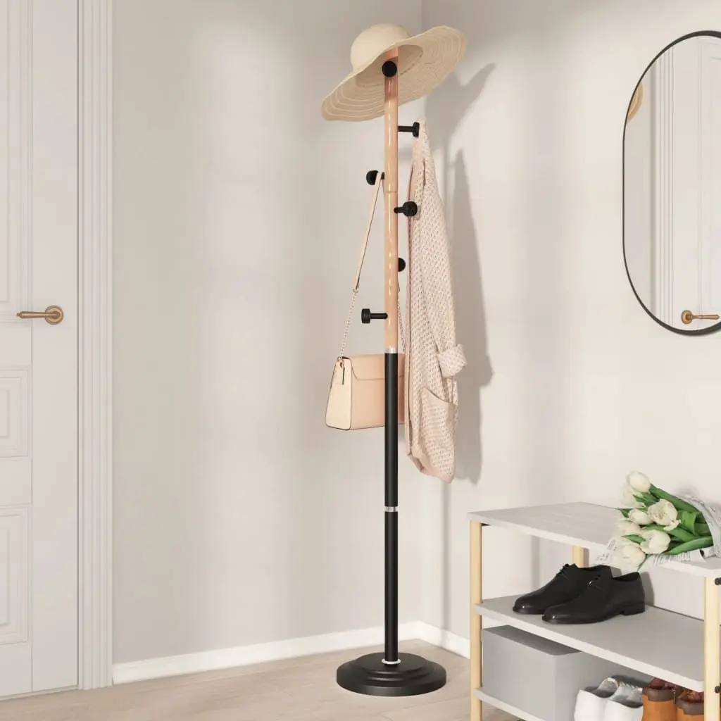 Coat Stand Black 177cm Iron Beech Wood 6 Hooks Storage Rack