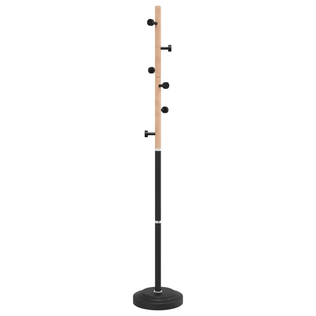 Coat Stand Black 177cm Iron Beech Wood 6 Hooks Storage Rack
