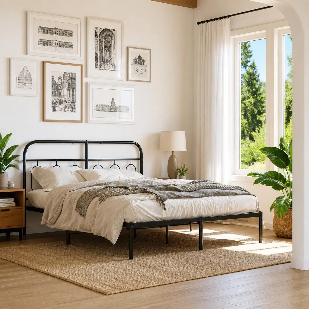 Black Steel Bed Frame 150x200 cm with Headboard