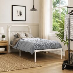 White Metal Bed Frame with Headboard 90x190 cm