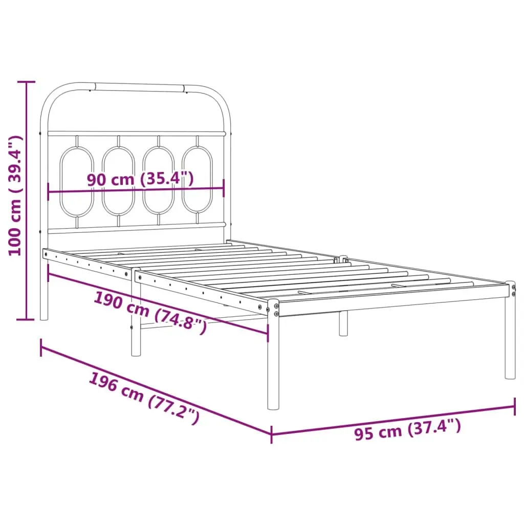Metal Bed Frame White 90x190 cm Steel with Headboard Slatted Base Storage