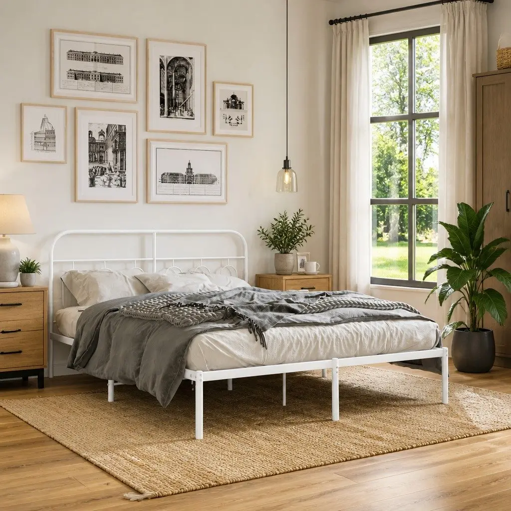 White Metal Bed Frame with Headboard 135x190 cm