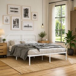Elegant White Metal Bed Frame with Headboard 135x190 cm