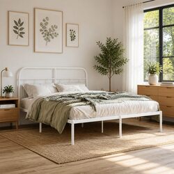 White Metal Bed Frame with Headboard 150x200 cm