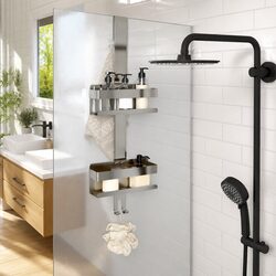 Stylish Hanging Shower Caddy with Towel Hooks in Silver