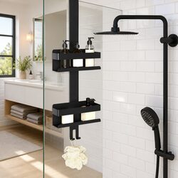 Stylish Hanging Shower Caddy with Towel Hooks in Black