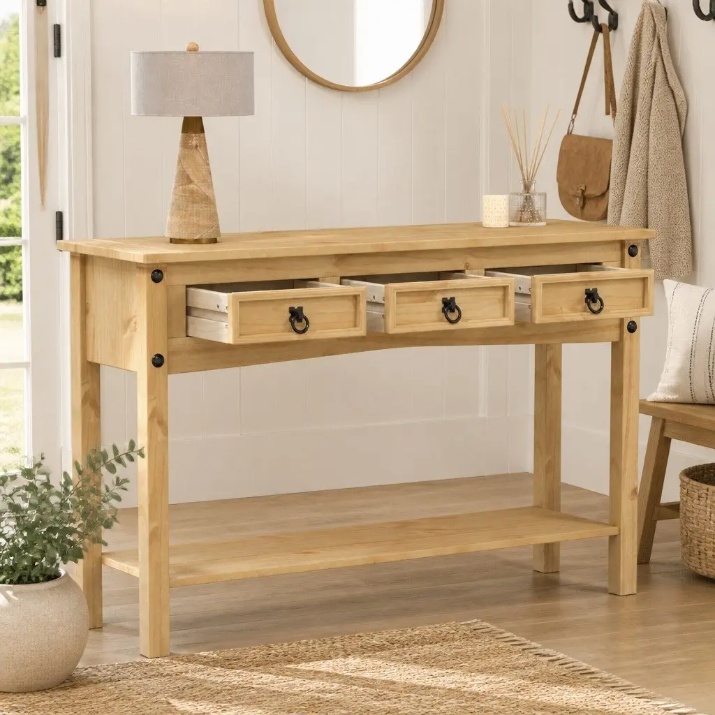 Solid Wood Pine Console Table with 3 Drawers