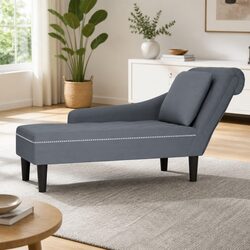 Grey Velvet Chaise Lounge with Pillow Armrest