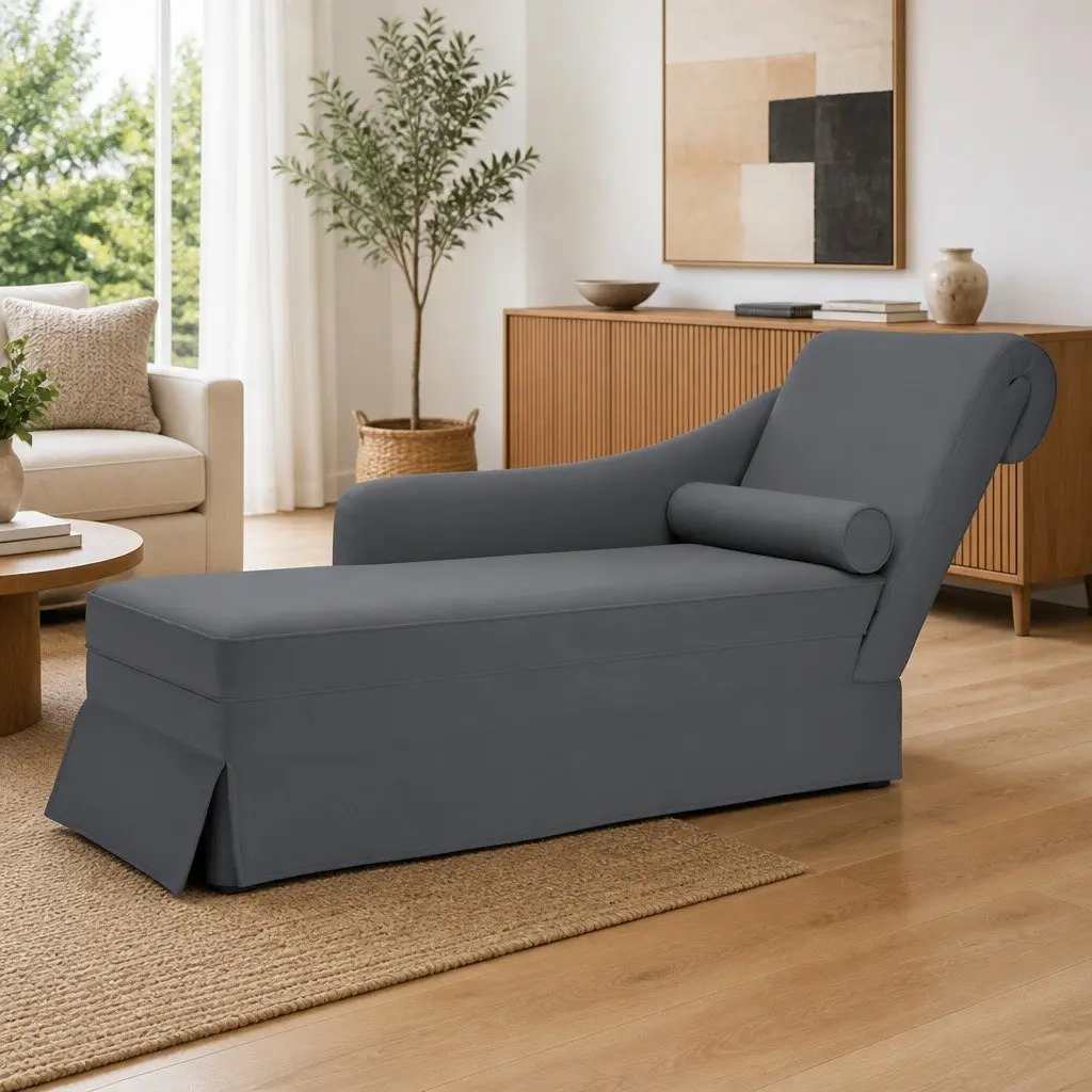 Dark Grey Velvet Chaise Lounge with Right Armrest
