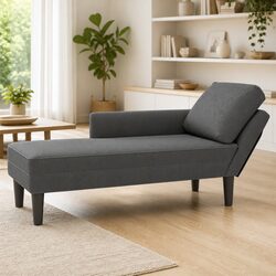 Grey Corduroy Chaise Lounge with Lumbar Pillow