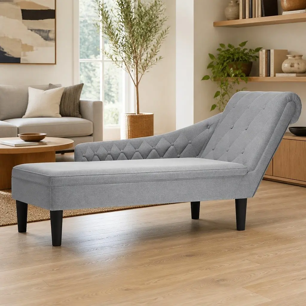 Chaise Lounge Sofa Light Grey Fabric Right Armrest Button Tufted with Lumbar Pillow