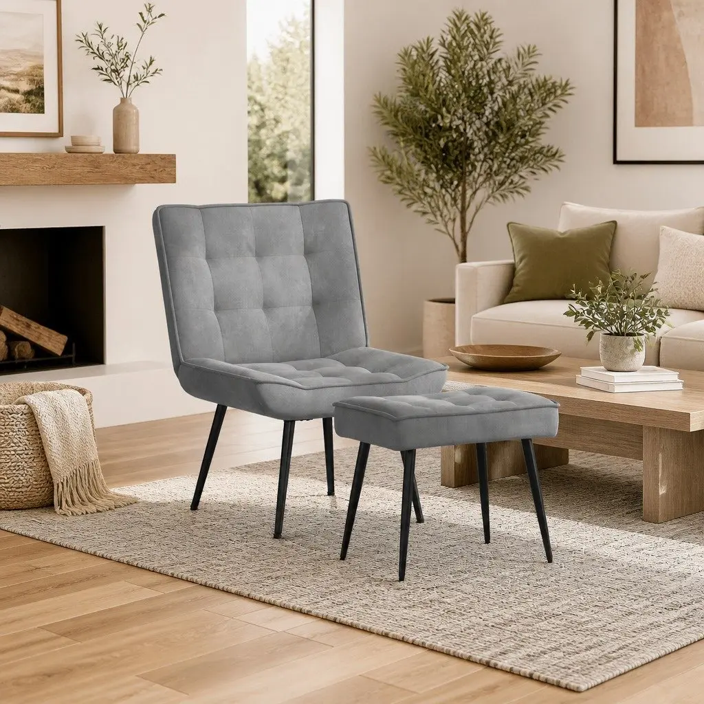Velvet Upholstered Relaxing Chair with Footstool in Grey