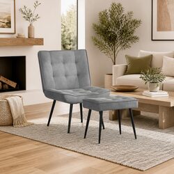 Velvet Upholstered Relaxing Chair with Footstool in Grey