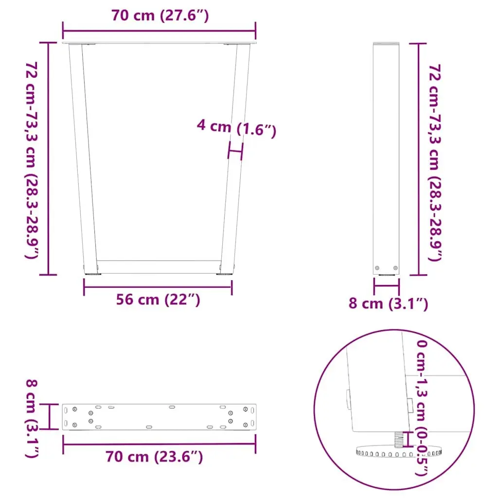 V-Shape Dining Table Legs 2pcs Black Steel Furniture Support Frame Adjustable