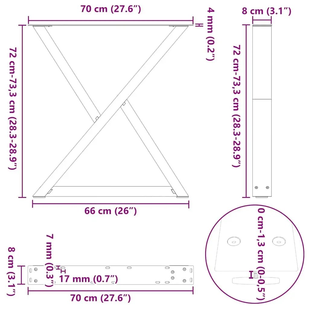 2 pcs Black Dining Table Legs with Adjustable Feet 70x72-73.3cm