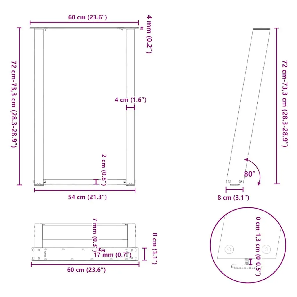 Dining Table Legs U-Shaped Black 60x72-73cm Powder-Coated Steel Set of 2