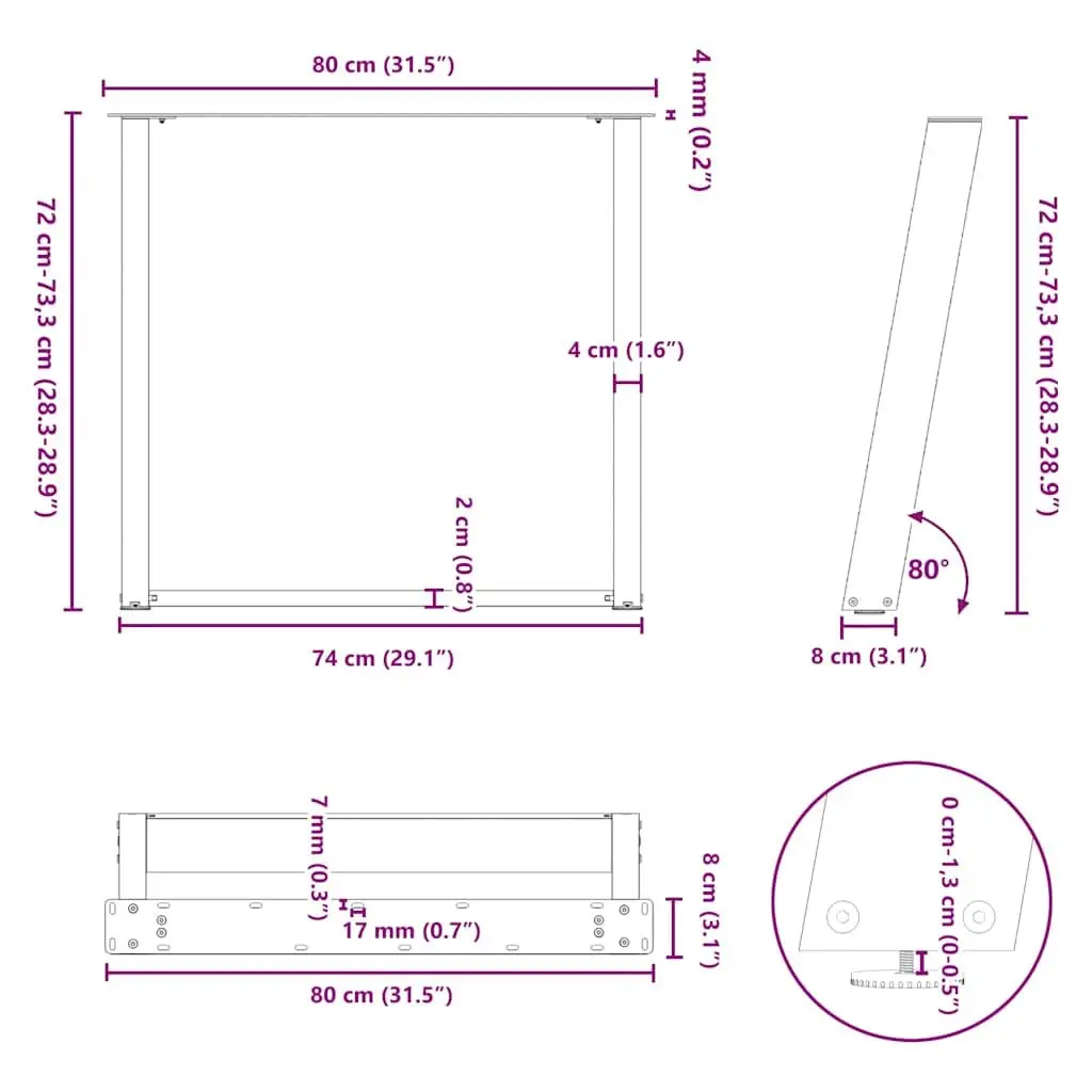 U-Shaped Steel Dining Table Legs 2 pcs Black 80x72-73cm