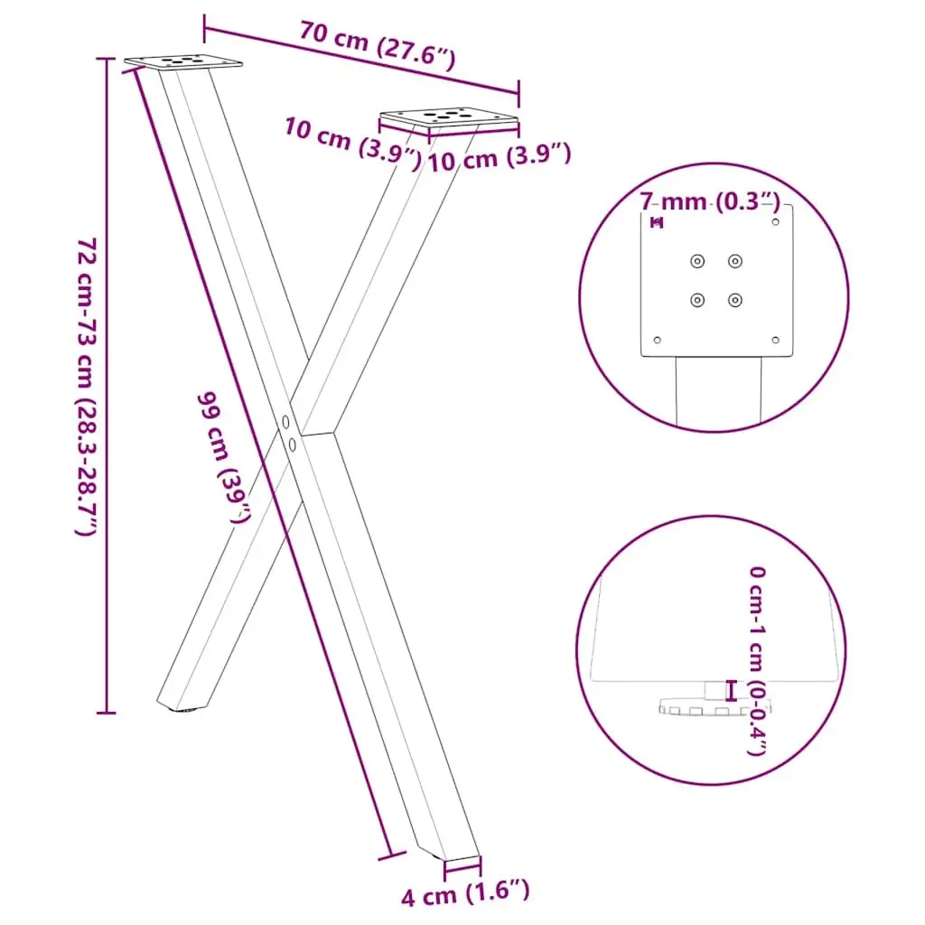 Metal Dining Table Legs Black X-Shaped 70cm 72-73cm Powder-Coated Steel 2 Pieces