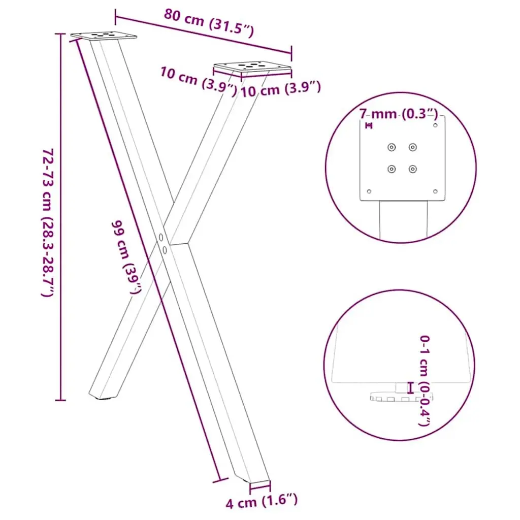 Black Steel X-Shaped Dining Table Legs Support Frame 80x72-73cm Set of 2
