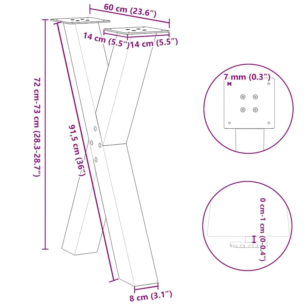 X-Shaped Dining Table Legs 60x72cm Black Steel Support 2 Pieces