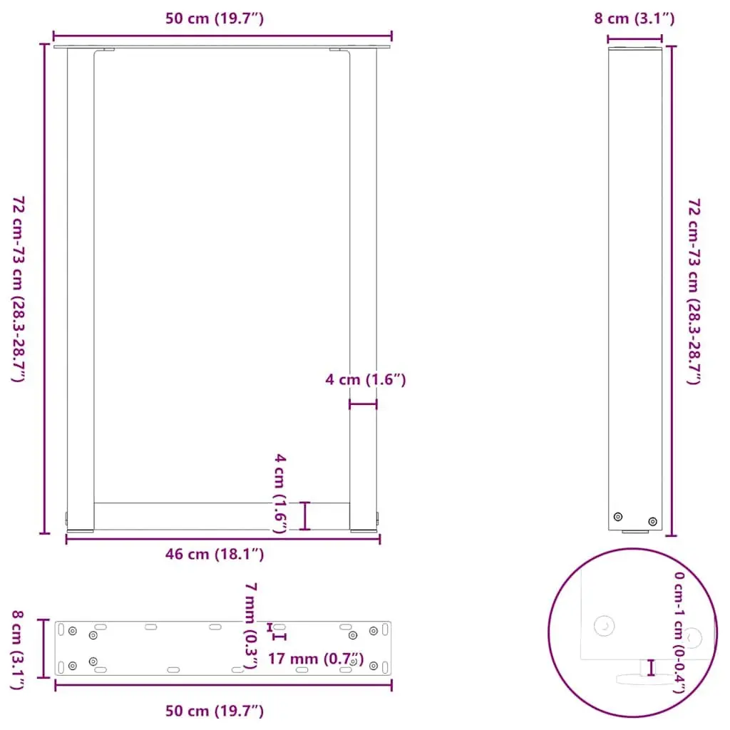 Dining Table Legs U-Shaped Black 50x72-73cm Powder-Coated Steel Support Frame Pair