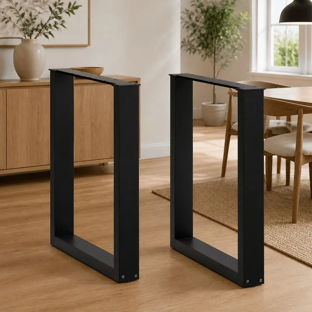 Dining Table Legs U-Shaped Black 60x72-73cm Powder-Coated Steel Adjustable Levelers Pack of 2