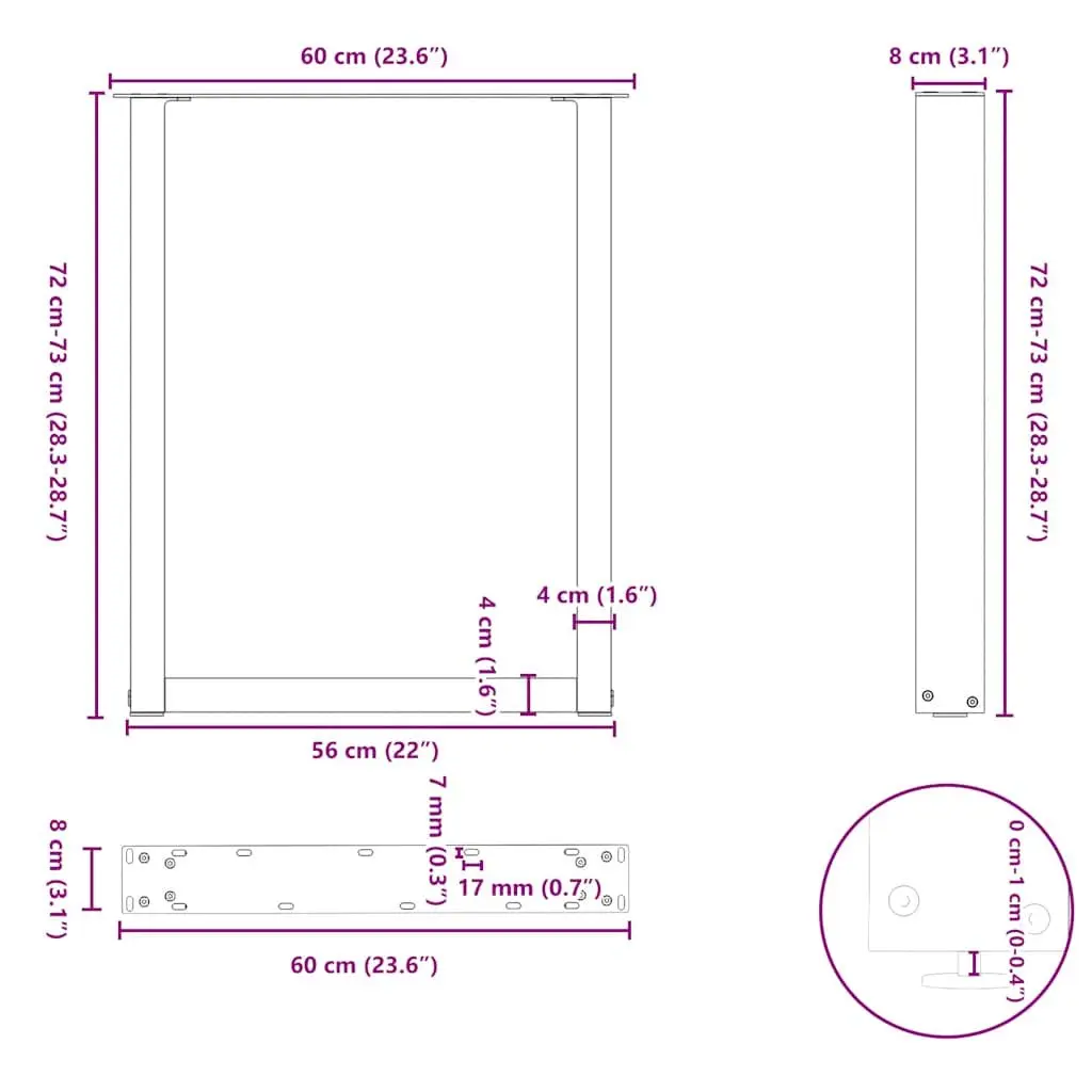 Dining Table Legs U-Shaped Black 60x72-73cm Powder-Coated Steel Adjustable Levelers Pack of 2