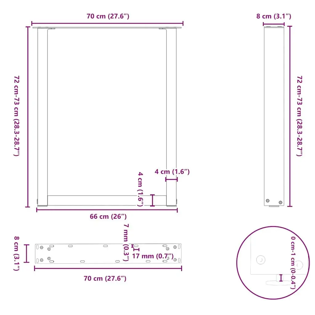 Dining Table Legs U-Shaped Black 70x72-73cm Powder-Coated Steel
