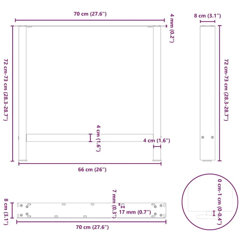 Adjustable Black Steel Dining Table Legs, 70x72-73cm