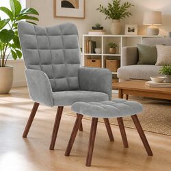 Comfortable Grey Velvet Armchair with Footstool
