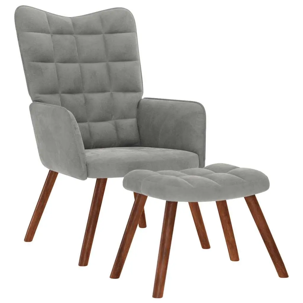 Grey Velvet Armchair with Footstool