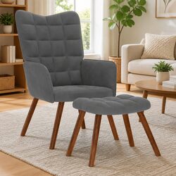 Grey Velvet Lounge Chair with Matching Footstool
