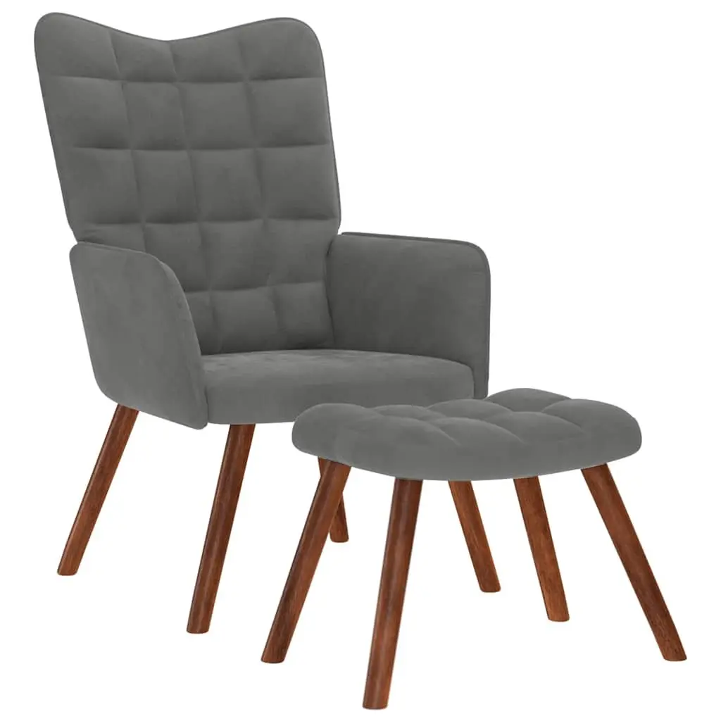 Grey Velvet Lounge Chair with Matching Footstool