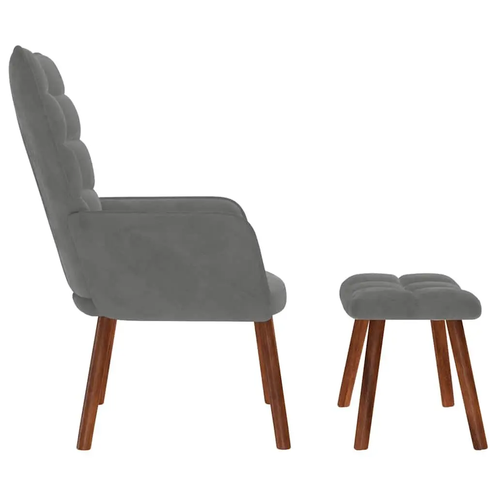 Grey Velvet Lounge Chair with Matching Footstool