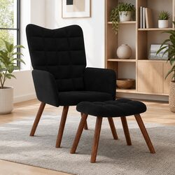 Black Velvet Lounge Chair with Matching Footstool
