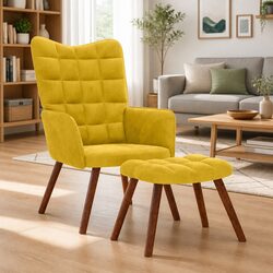 Yellow Velvet Lounge Chair with Footrest Stool