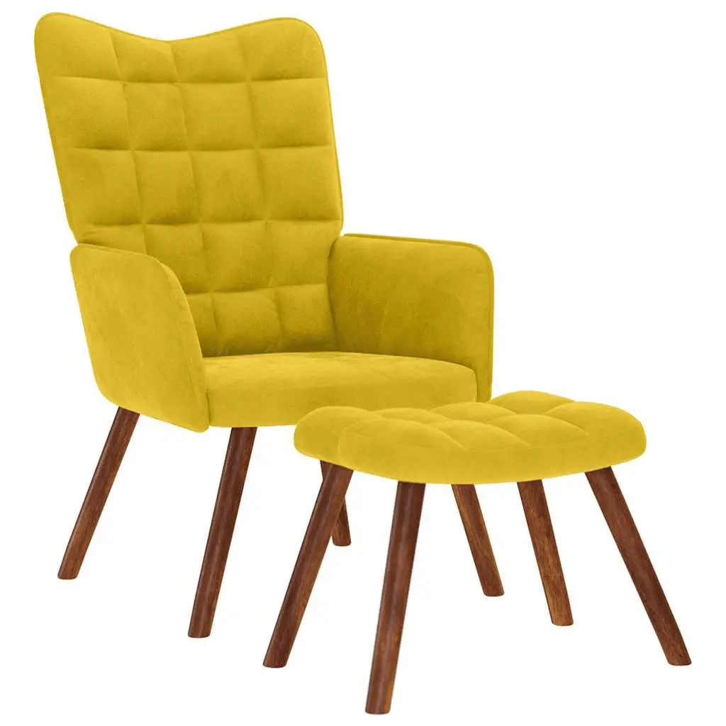 Yellow Velvet Lounge Chair with Footrest Stool