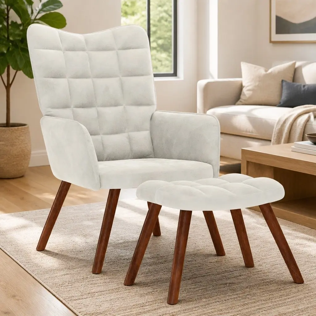 Relaxing Chair Cream Velvet Armchair Lounge Seat with Stool Footrest