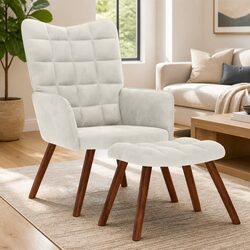 Cream Velvet Relaxing Chair with Matching Stool