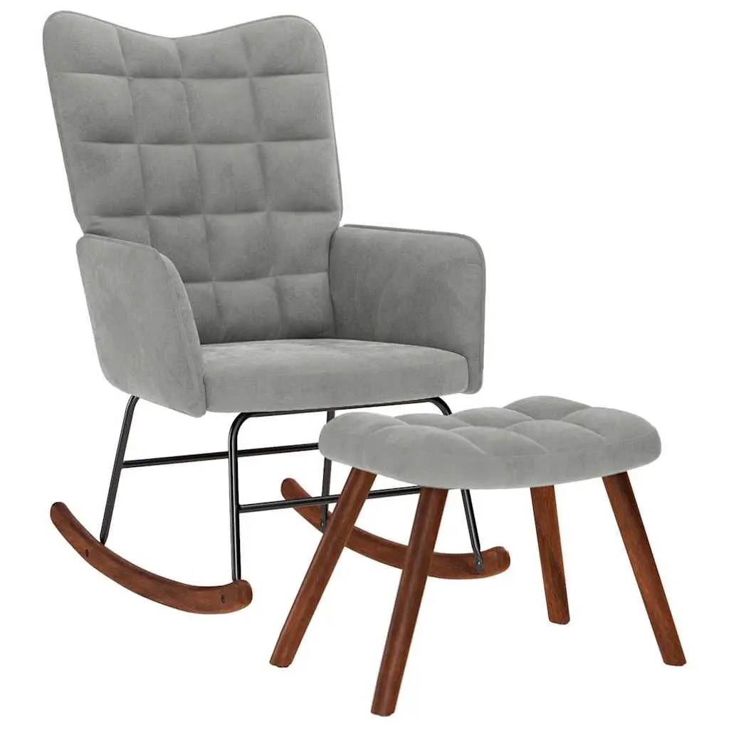 Rocking Chair Grey Velvet Padded Armchair with Footstool Plywood and Metal Frame