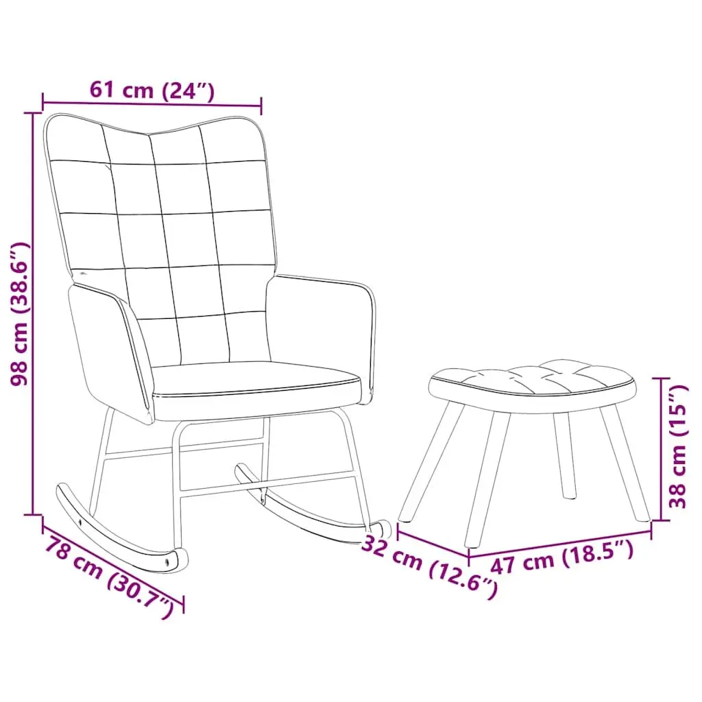 Rocking Chair Grey Velvet Padded Armchair with Footstool Plywood and Metal Frame