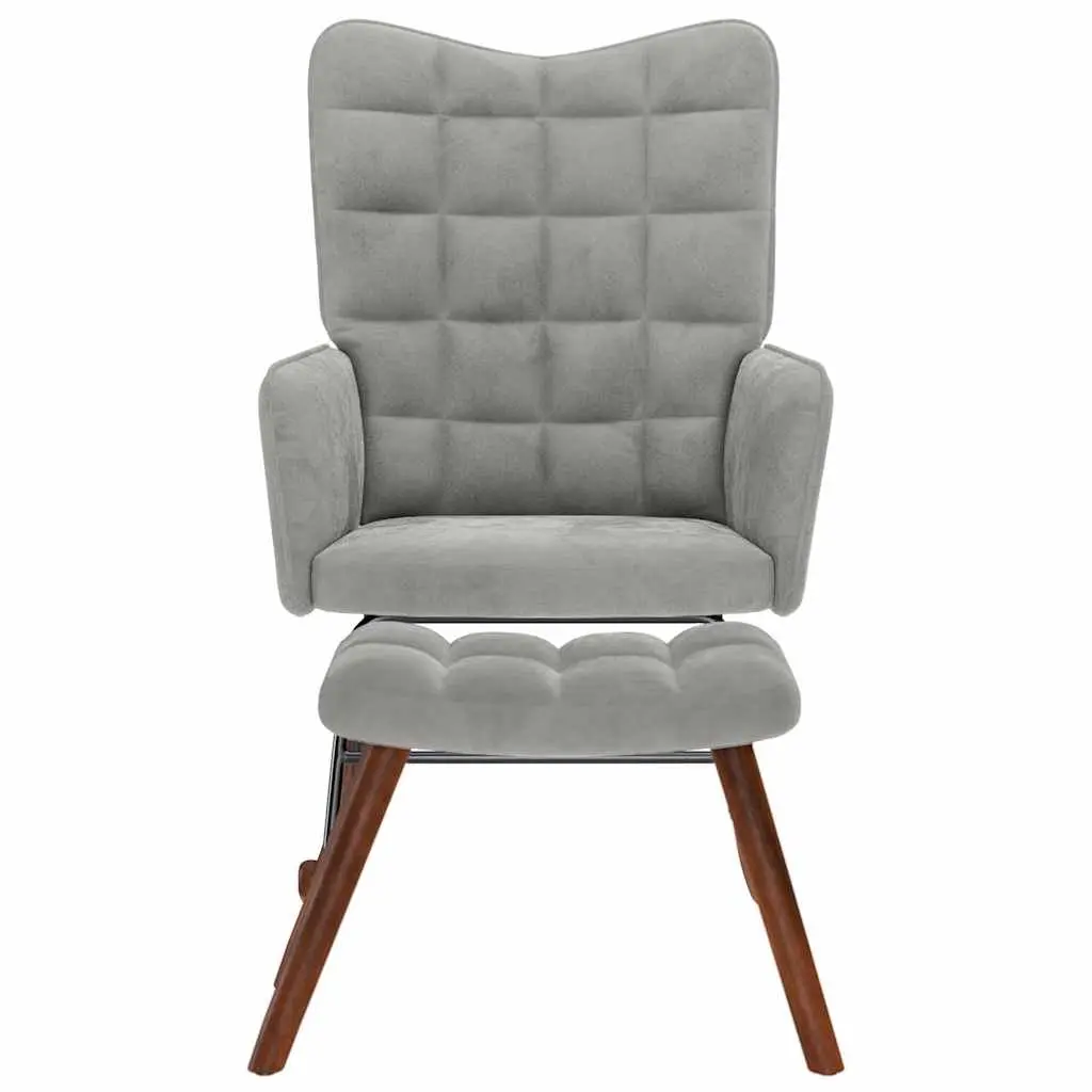 Rocking Chair Grey Velvet Padded Armchair with Footstool Plywood and Metal Frame