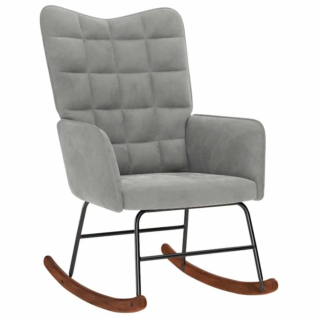 Rocking Chair Grey Velvet Padded Armchair with Footstool Plywood and Metal Frame