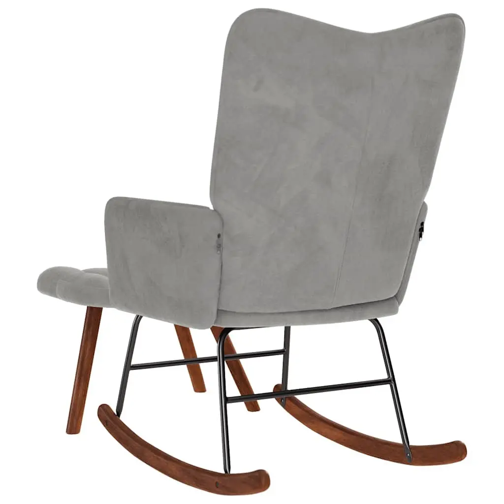 Rocking Chair Grey Velvet Padded Armchair with Footstool Plywood and Metal Frame