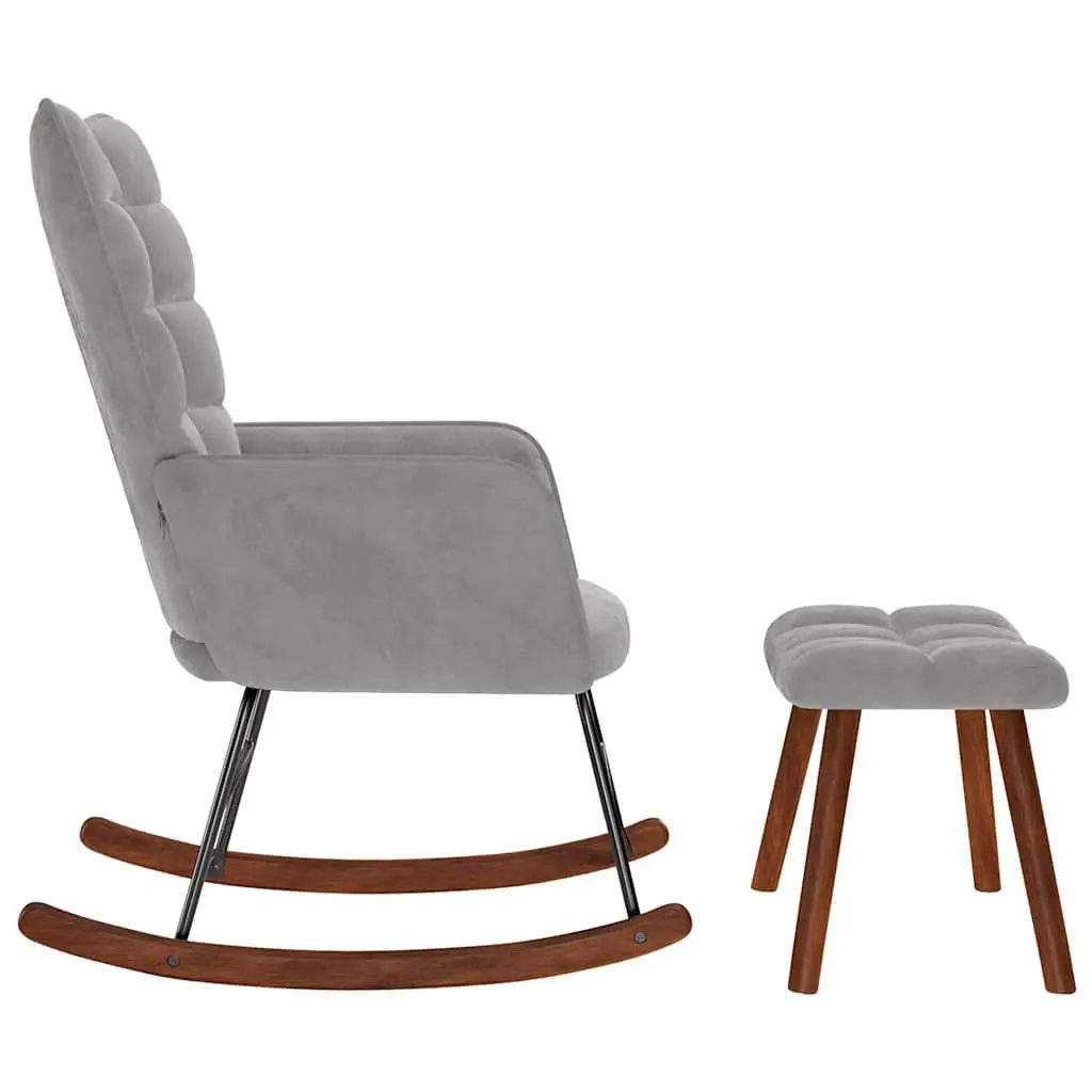 Rocking Chair Grey Velvet Padded Armchair with Footstool Plywood and Metal Frame